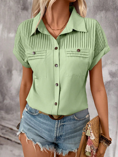 T-shirt à manches courtes et revers à boucle, avec poche plissée, pour femme, M301029 