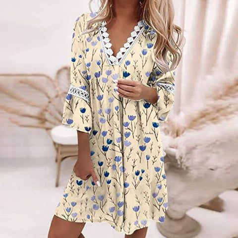 Robe bohème décontractée à col en V et coutures en dentelle imprimées, style vacances M300213 