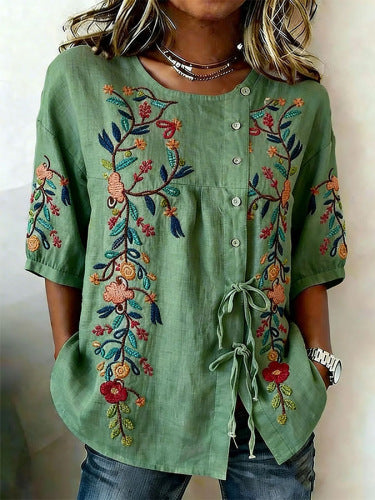 Color matching loose blouse five-button drawstring shirt m302758