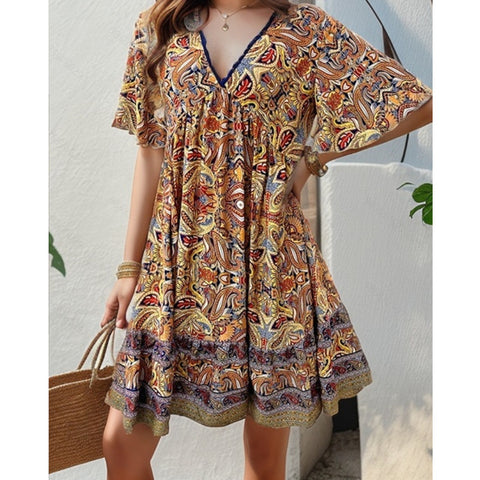 Robe décontractée à col en V imprimée pour les vacances de printemps et d'été M300211 
