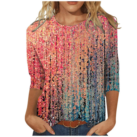 T-shirt ample à col rond et manches 3/4 pour femme, imprimé M300227 