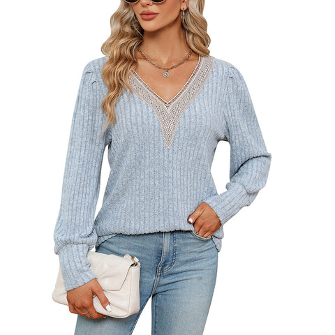 T-shirt ample à manches longues et col en V pour femme, en dentelle, avec bandes sous les aisselles, poli, ample, m300519 