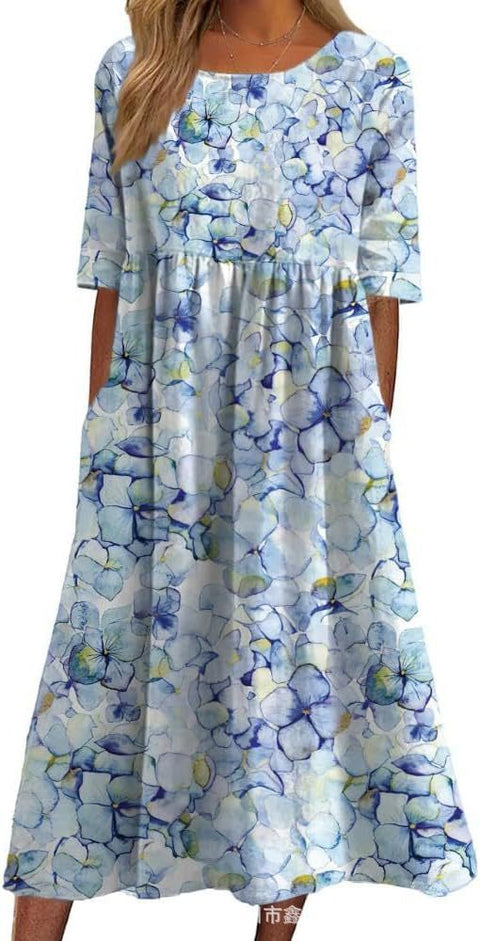 Robe longue décontractée à col ras du cou et manches courtes pour femme, imprimé 3D, taille plissée, style trapèze, m301299 
