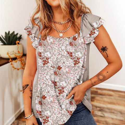 Plissiertes kurzärmliges T-Shirt-Oberteil mit böhmischem Blumendruck m301034 