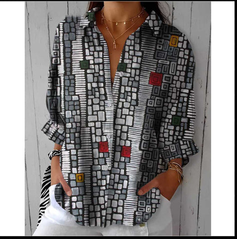 3D digital printing abstract pattern women's long-sleeved buckle linen shirt m302749-03