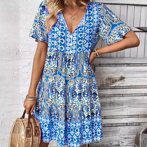 Nouvelle robe à col en V, jupe ample à imprimé bohème à la mode m300994 