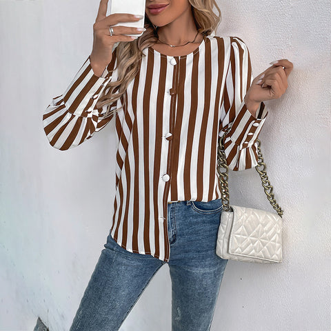 Cardigan simple boutonnage à col en V, chemise femme à manches longues à rayures contrastées m300818 