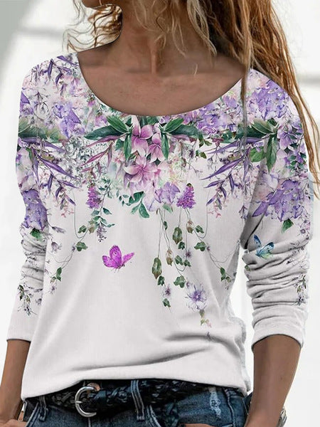 3D printed women's casual flower crew neck long-sleeved t-shirt top m301719