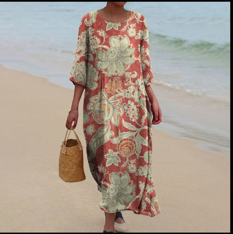 Robe longue à col ras du cou pour femme, imprimée, décontractée, tendance, m301059