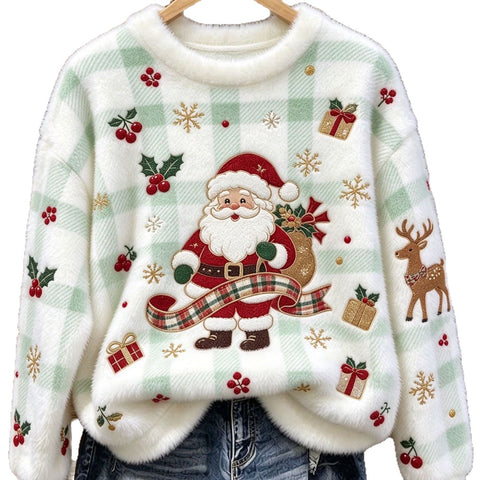 Christmas cartoon old man reindeer print flannel women sweater FF303511
