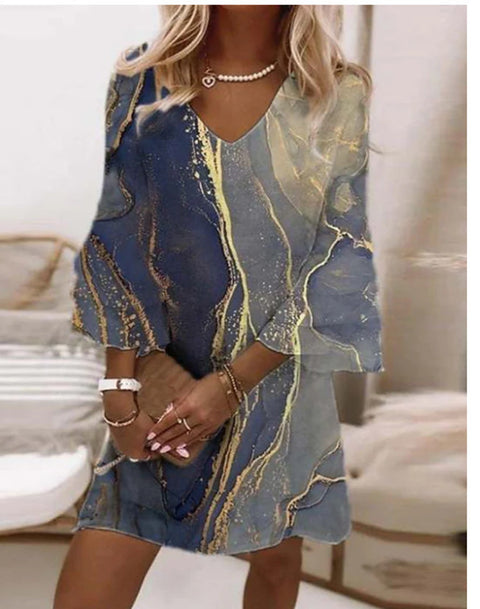Robe courte imprimée à col en V et manches 3/4 pour femme m300699 