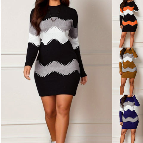 Robe fourreau mi-longue en maille imprimée, col rond, manches longues, M300204 