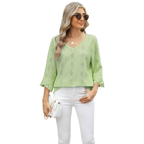 Spring and summer new v-neck rhombus grid hollow jacquard horn sleeve loose t-shirt women's m301965