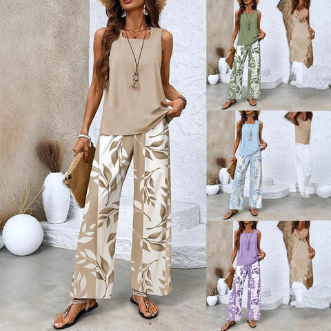 Lässige Pulloverweste mit quadratischem Ausschnitt und Hose mit Digitaldruck für Damen, zweiteilig, m301436 