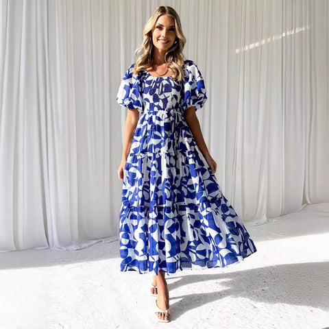 Robe élégante à imprimé floral, épaules dénudées, manches bouffantes, M300289 