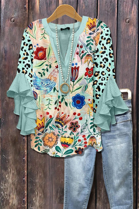 Digital printing casual trend V-neck lotus edge T-shirt women's m302725-2