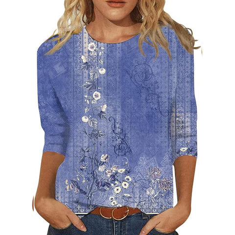 Pull ras du cou à manches sept-quarts et imprimé 3D de fleurs et de plantes m300615 