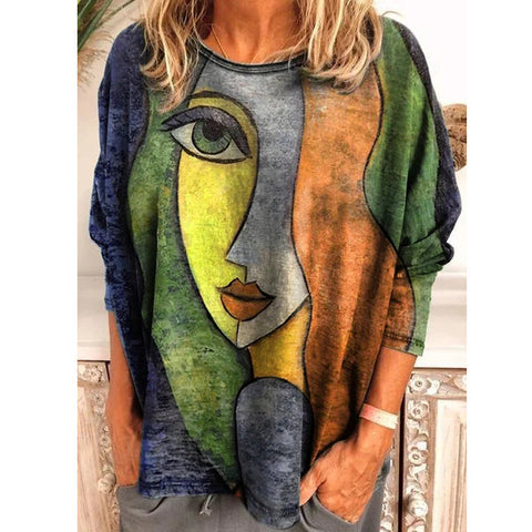 Großes Damen-T-Shirt mit Gesichtsdruck und langen Ärmeln, lockeres Damen-T-Shirt m300665 