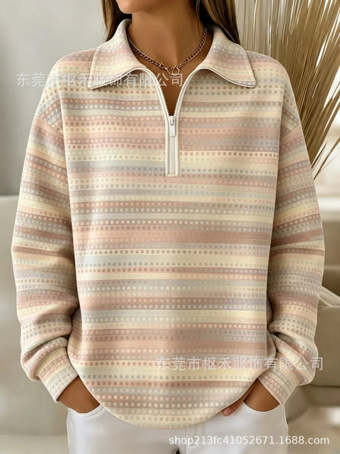 Lapel Striped Pen Print Women's Half Zip Sweater FF303305