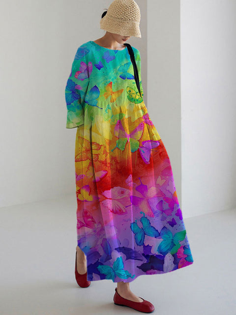 Robe ample à col ras du cou et manches longues imprimée haut de gamme m301044