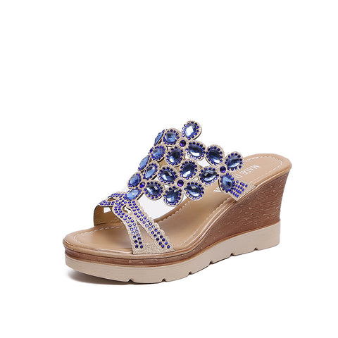Bohemian rhinestone heel slippers women's summer platform large size round toe one line wedge heel fish mouth slippers m302362