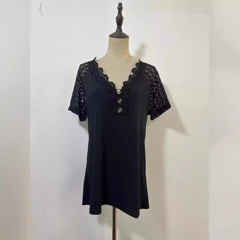 Pull confortable et décontracté à manches courtes et col en V avec coutures en dentelle M300159 