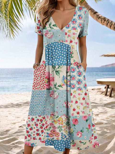 Robe longue décontractée à col en V et manches courtes avec poche et impression numérique pour femme M301426 