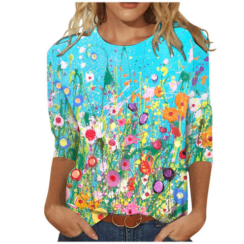 T-shirt ample à col rond et manches 3/4 pour femme, imprimé M300227 