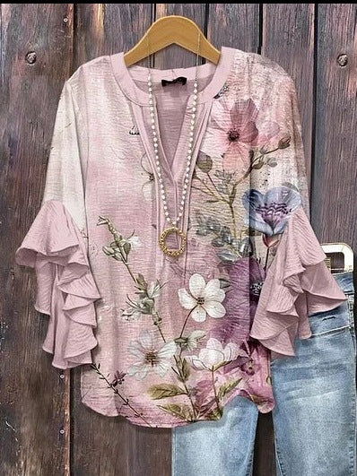 Digital printing casual trend V-neck lotus edge T-shirt women's m302725-2