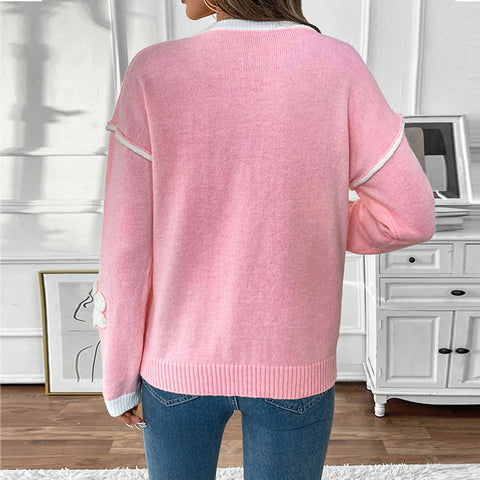 Langarm-Pullover mit V-Ausschnitt und Aufkleber, Rosa, Damen M300795 