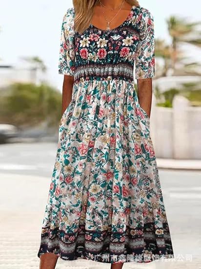 Robe longue décontractée à col ras du cou et manches courtes pour femme, imprimé 3D, taille plissée, style trapèze, m301299 