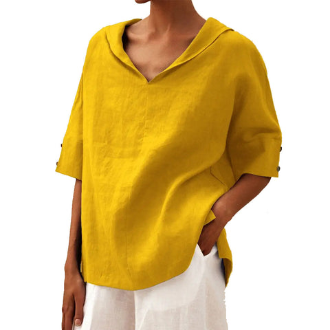 Solid color cotton and linen loose hooded top T-shirt m302700