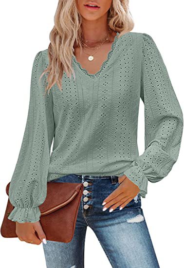 V-Ausschnitt Hohl Casual Plissee Ärmel Top Shirt Herbst m300647