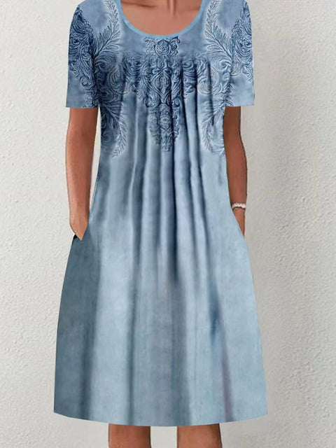 Robe mi-longue à imprimé floral, col rond, poches, printemps/été, pour femme, m300037