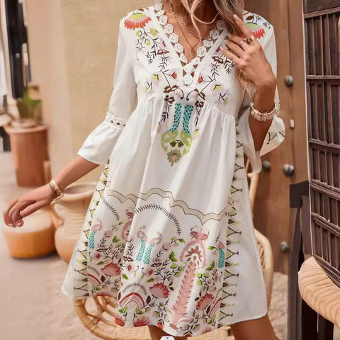 Nouvelle robe imprimée polyvalente et décontractée à col en V avec dentelle épissé m300993 