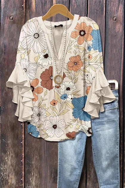 Kreativer Digitaldruck mit Blumenelementdruck, lässiger Trend, V-Ausschnitt, Lotuskante, T-Shirt m301352 