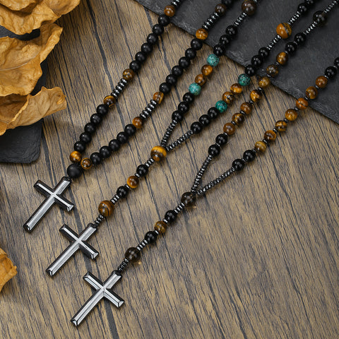 Collier hip hop en pierre naturelle noire, œil de tigre jaune, croix en pierre de fer, m3331291 