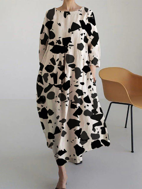 Robe ample à col ras du cou et manches longues imprimée haut de gamme m301044