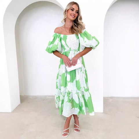 Robe élégante à imprimé floral, épaules dénudées, manches bouffantes, M300289 