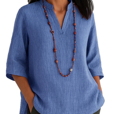 Women's V-neck seven-quarter-sleeved cotton and linen loose casual shirt m302068
