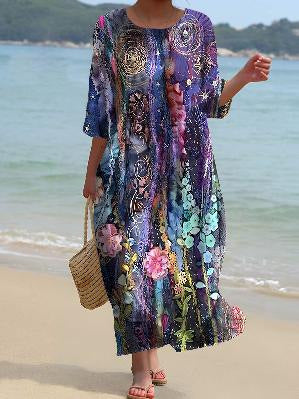 Robe longue à col ras du cou pour femme, imprimée, décontractée, tendance, m301059