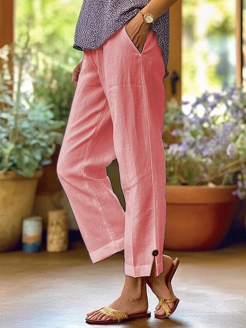 Women's cotton and linen loose solid color elastic waist pocket straight casual pants m301424