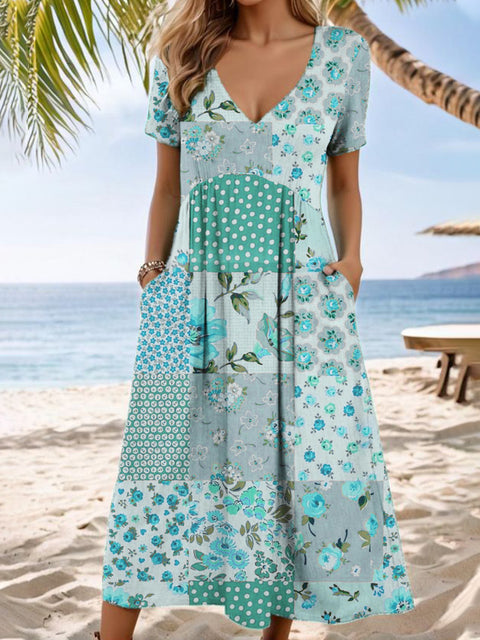 Robe longue décontractée à col en V et manches courtes avec poche et impression numérique pour femme M301426 