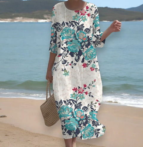 Robe longue à col ras du cou pour femme, imprimée, décontractée, tendance, m301059