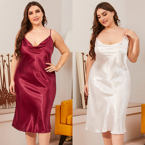 Chemise de nuit en soie glacée pour femme, tenue d'été une pièce, col pivotant, bretelles, ample, m301494 