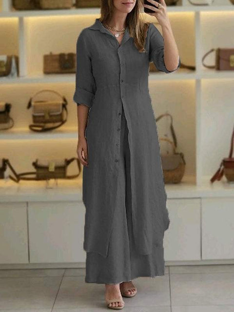 Ensemble élégant en coton et lin, coupe ajustée, chemise à manches longues et pantalon large m301063 