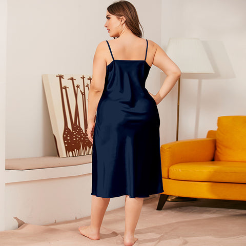 Chemise de nuit en soie glacée pour femme, tenue d'été une pièce, col pivotant, bretelles, ample, m301494 