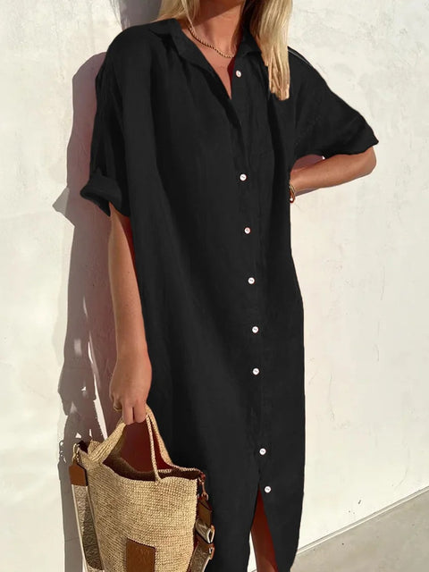 Robe chemise élégante, décontractée, ample, à manches courtes, en coton et lin, avec poches longues, m301256 