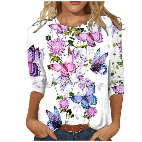 T-shirt ample à col rond et manches 3/4 pour femme, imprimé M300227 