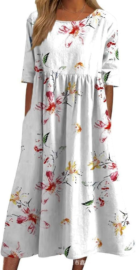 Robe longue décontractée à col ras du cou et manches courtes pour femme, imprimé 3D, taille plissée, style trapèze, m301299 